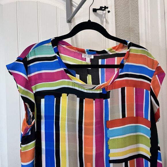 Spense Striped Patchwork Colorblock Lightweight Sheer Tunic Top Retro Funky Sz L - Picture 2 of 9